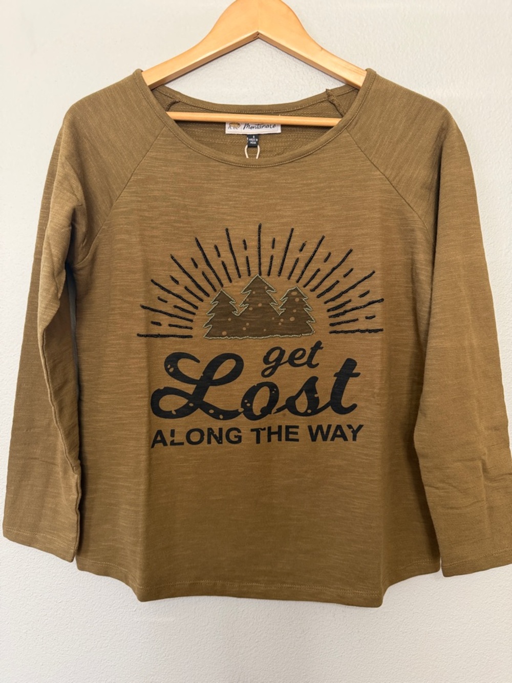 Montana Co Olive Green Long‎ Sleeve Shirt With Beaded Accents Get lost Graphic